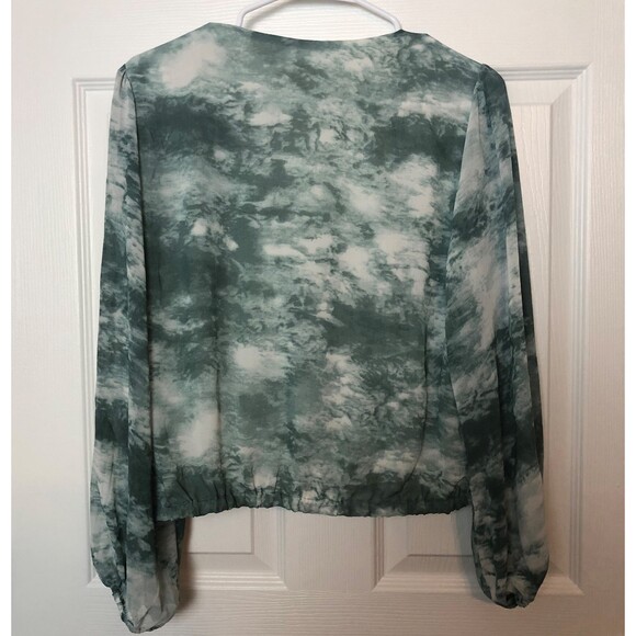 ASTR The Label Green White Faux‎ Wrap Flowy Balloon Sleeve Blouse Womens Size S - Picture 5 of 8